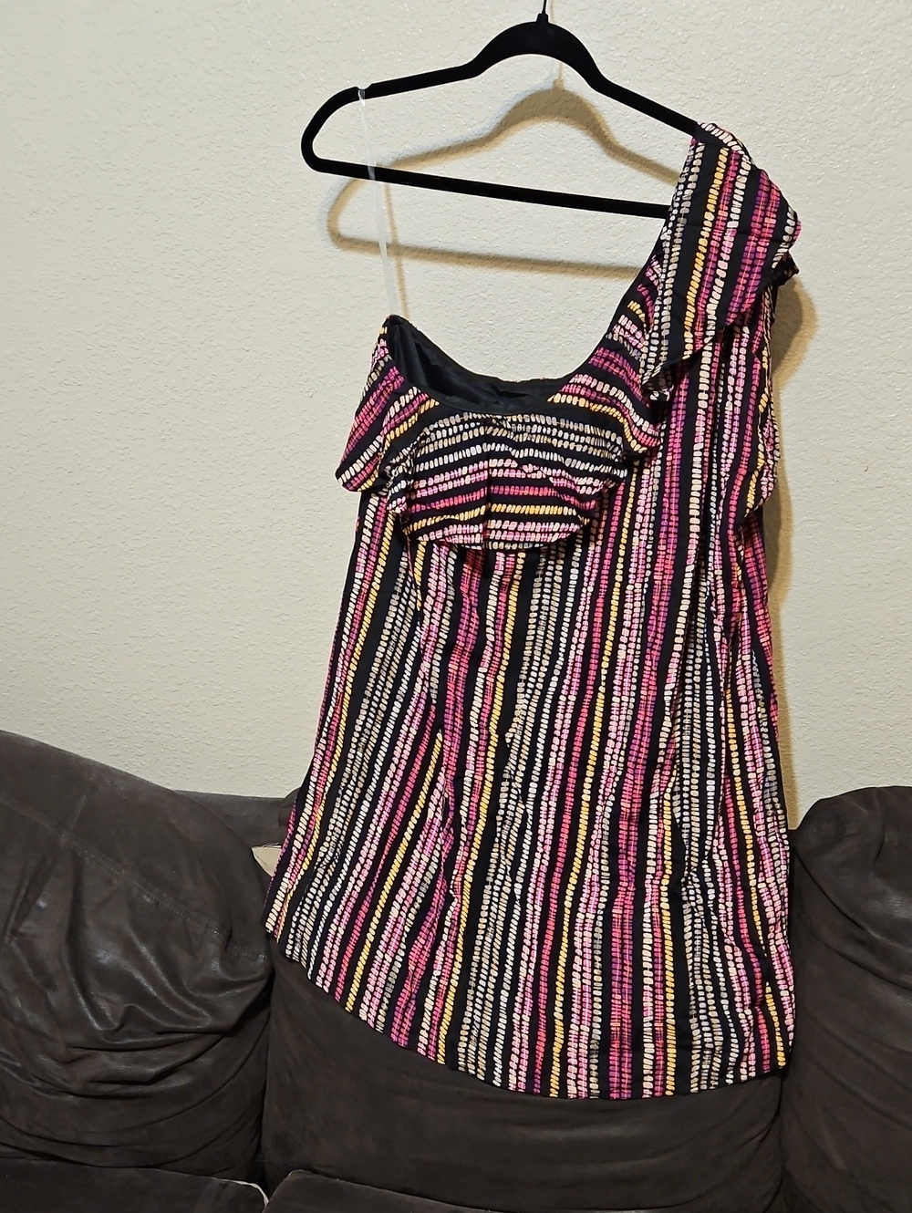 One-Shoulder Ruffle Stripe Dress in Black, Pink & Cream